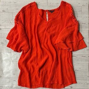 Unique Spectrum V Neck Scarlet Blouse with Crochet Details